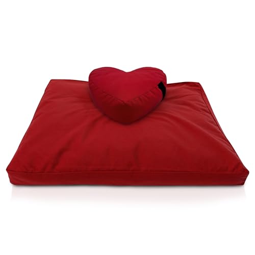Bean Products Meditation Cushion Mat Set - Zafu Floor Pillow Organic Buckwheat Pillow + Cotton Filled Zabuton Prayer Pad - Meditation Pillow Yoga Knee Pad - Made in USA - 14" Round or 18" Oval - color: Red - 10oz Cotton Canvas, size: Heart Shaped Combo