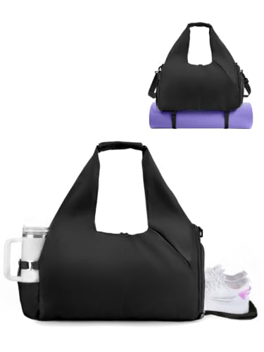 RHDZO Gym Bag for Women with Shoe and Wet Compartments, Yoga Mat Holder | Travel Duffel Bag with Water Bottle Holder, Weekend Overnight Bag for Workout Sport Dance Pilate, Detachable Shoulder Strap - color: Black-Upgraded