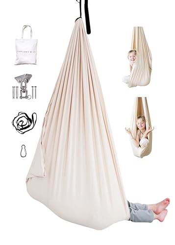 Marlowe & Co Sensory Swing for Kids Indoor Outdoor, Therapy Pod Cocoon Swing for Autism ADHD SPD, Double Layer Cotton Hammock Swing, Holds 200 lbs, 360° Swivel Hardware Included, Oat - color: Oat