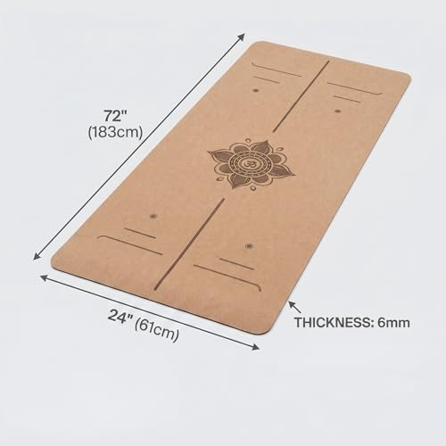 Cork Yoga Mat 6mm Extra Thick TPE Non-Slip Workout Mat with Alignment Lines for Hot Yoga and Home Gym - color: line