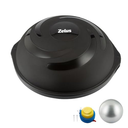 ZELUS 25in. Balance Ball | 660lb Inflatable Half Exercise Ball Wobble Board Balance Trainer w Nonslip Base | Half Yoga Ball Strength Training Equipment w 2 Bands, Pump, Extra Ball Included - color: Black