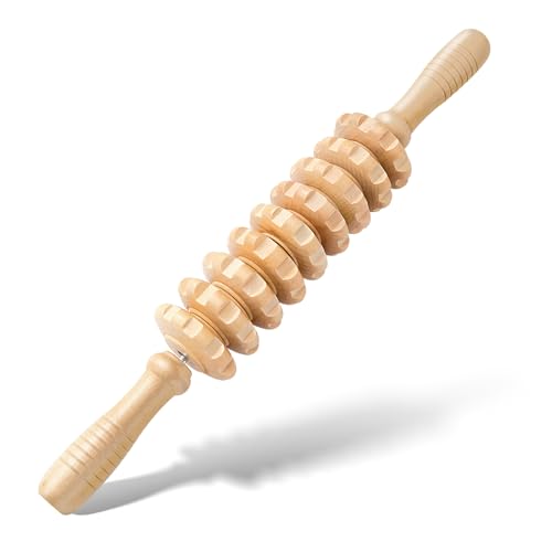 Wooden Cellulite Muscle Roller for Legs and Thighs - Handheld Fascia Blaster Tool for Muscle Relief, Lymphatic Drainage & Body Sculpting - Anti Cellulite Massager for Women and Men (9 Wheel) - color: Wooden Straight