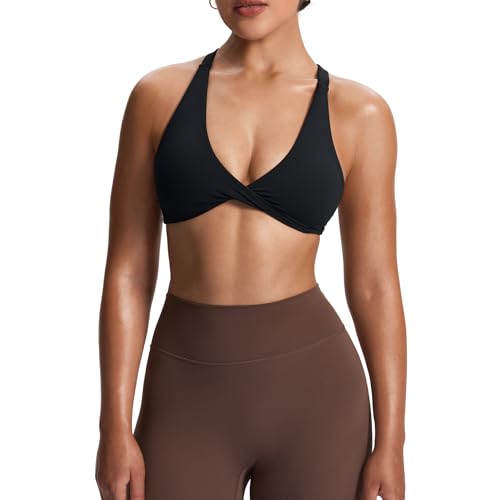 Aoxjox Women's Satara Low Impact Sports Bra | chic front twist, widened cross straps, medium support,breathable fabric, workout fitness yoga crop tank, gym essential - color: 1 Black, size: X-Small
