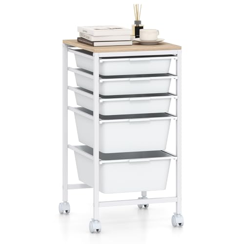 GOFLAME 5-Drawer Rolling Storage Cart, Craft Storage Cart with Wooden Tabletop and Lockable Wheels, Art Cart Supply Storage Organizer with Metal Frame for Home Office Classroom, White - color: White, size: 5-Drawer with Wood Top