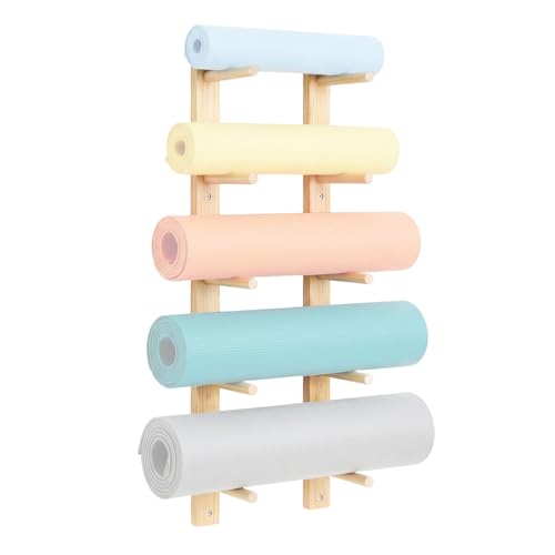 Cinnvoice 5 Tier Wooden Yoga Mat Holder Wall Mount, Adjustable Width | 35.4 x 7 x 2 Inches, Yoga Mat Storage Rack, Customizable Spacing for Foam Roller Home Gym Equipment Organizer Pilates Class