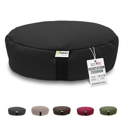 Bean Products Hemp Oval Zafu Meditation Cushion, Yoga Pillow - Black | Heavy Weight Washable Hemp Cover - Buckwheat Hull Filled Inner liner - Zen Floor Sitting Cushion - 14"x18" - color: Hemp Black, size: XL Oval - 14"x18"