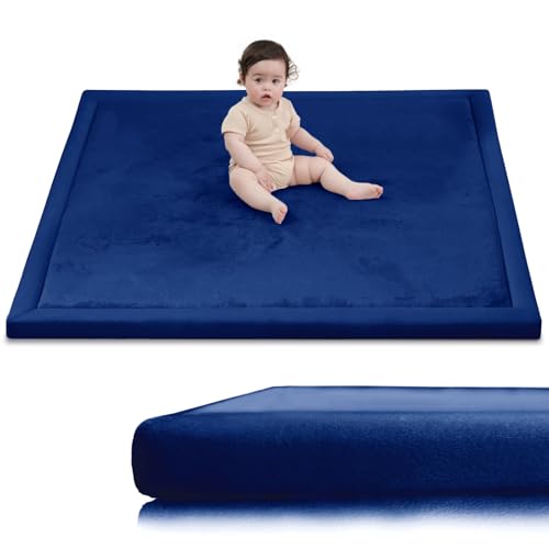 Huloo Sleep Ultra Soft Baby Play Mat for Floor,1.3" Thick Elasti-Foam 47x47 Play Mat for Playpen,Water-Repellent Coral Velvet for Tummy Time, Non-Slip Backing Safe for Toddlers & Infants（Dark Blue） - color: Dark Blue, size: 47"×47"×1.3"