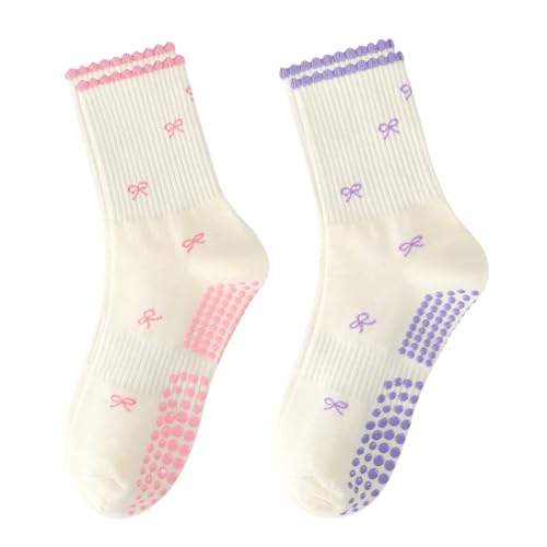 Women's Pilates Grip Socks, Ruffle Non Slip Bow Pattern Yoga Socks | Grippy, Frilly Trim, Embroidery, Crew Length, Soft Cotton, Arch Support, for Barre Ballet Dance Workout Hospital Home Gifts - color: F01-pink + Purple