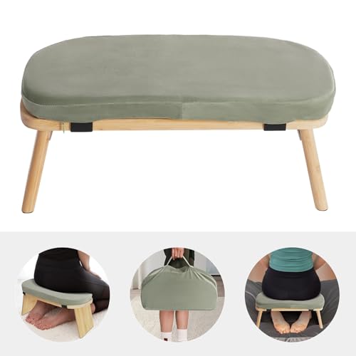 Meditation Prayer Bench, Portable Foldable & 5° Ergonomic Tilt Kneeling Meditation Yoga Stool with Cushion & Carry Bag for Home/Studio/Gym, Bamboo & Velvet Kneeling Stools (Green) - color: Green