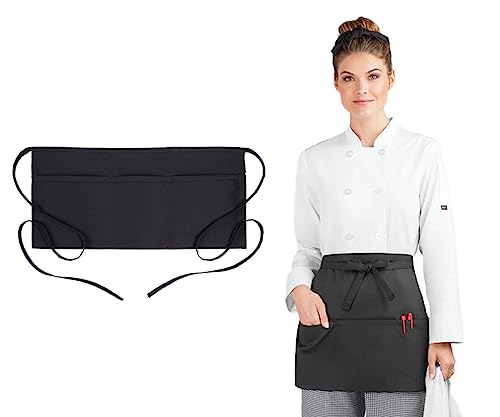 Avalon Kitchen Server Aprons with 3 Pockets – 100% Polyester Waist Apron, 24x12 Inch Half Apron, Waitress Apron for Servers - color: Black, style: Pack of 1