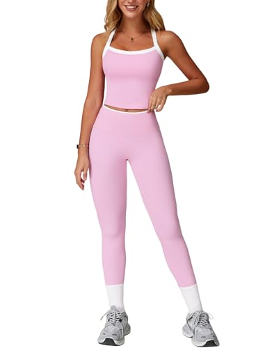 QBGJTD Womens Workout Sets Two Piece Cross Back Tank Top Matching High Waist Leggings Sets Gym Outfits Work Out Clothes - color: Colorblock Pink, size: Large