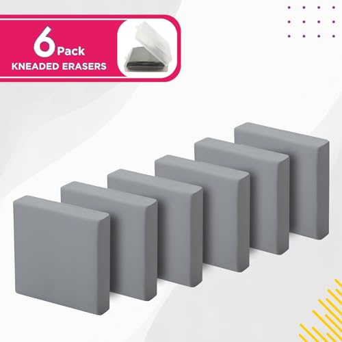 Kneaded Erasers - 6 Pack Large Size Grey Kneadable Art Gum Erasers for Charcoal Pencils & Sketching