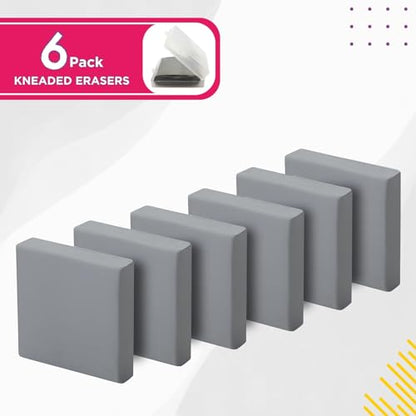 Kneaded Erasers - 6 Pack Large Size Grey Kneadable Art Gum Erasers for Charcoal Pencils & Sketching
