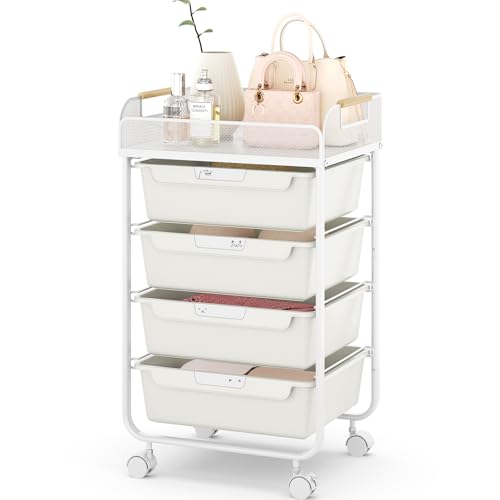 SYKIARIOL 4-Drawer Rolling Storage Cart with Mesh Top,White | Utility Craft Organizer Cart on Wheels with 4 DIY Labels, Rolling Drawer Cart for Home Office Classroom Bedroom - color: Cream White