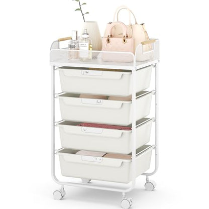 SYKIARIOL 4-Drawer Rolling Storage Cart with Mesh Top,White | Utility Craft Organizer Cart on Wheels with 4 DIY Labels, Rolling Drawer Cart for Home Office Classroom Bedroom - color: Cream White