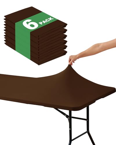 KeyWave Fitted Tablecloth Rectangle Table Cloths - 6 Pack 6 Foot Elastic Stretch Folding Table Top Cover Water-Resistant Reusable for Outdoor Picnic Camping Party Event, Brown, 72" L x 30" W - color: Brown, size: 6 ft - 6 Pack