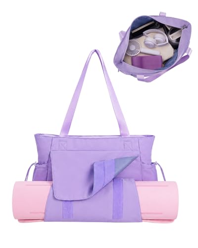 sportsnew Yoga Mat Bag Waterproof Tote Gym Bag Mat Carrier W/Wet Pocket | hook-and-loop mat holder 5s quick access, 40oz handled bottle pocket, wet bag, lightweight waterproof, drawstring pockets,19L - color: Purple