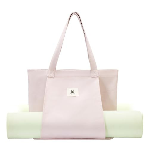 Moyaqi Canvas Tote Bag with Yoga Mat Carrier Pocket Carryall Shoulder Bag for Office, Workout, Pilates, Travel, Beach and Gym - color: Light Pink