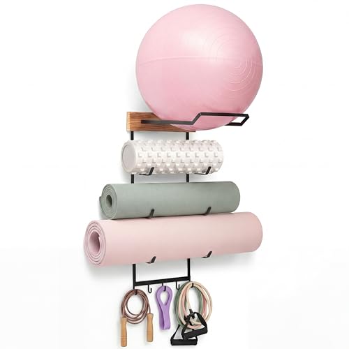 Geelin Yoga Mat and Ball Holder Wall Mount, 4-Tier Yoga Mat & Ball Storage Rack, Home Gym Organizer, Black Metal Floating Shelf for Hanging Foam Rollers & Resistance Bands(5 Hooks Style,Wood Color)