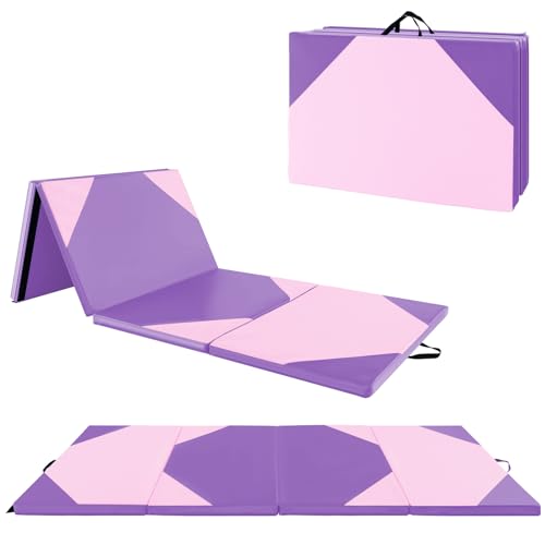 Giantex 4'x10'x 2" Gymnastics Mat, 4-Panel Folding Aerobics Exercise Mat w/Hook & Loop Fastener, Carrying Handle, Portable Tumbling Mat for Stretching Yoga Cheerleading Martial Arts - color: Purple/Baby Pink