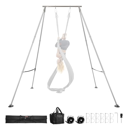 VEVOR Adjustable Yoga Aerial Rig, Aerial Silk Stands with Height Adjustable 5-11FT, Portable Stainless Steel Rig& Aluminum Frame Legs, Fit with Hoops/Lyra/Silks/Hammock - color: Silver