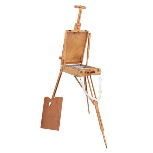 Grand Luxe Full Box French Easel- Oiled Beechwood Artist Easel with Brass Fittings, Adjustable Dividers, and Wood Palette- Plein Air Easel w/Leather Handle and Linen Strap for Canvases up to 34" High - size: Full Box