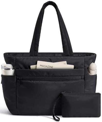 TOPEAST Tote Bag for Women Puffer Travel Carry On Bags with Laptop Compartment & Cup Holder Work Tote for Weekend Overnight - color: Black, size: 15.6 Inch-24L