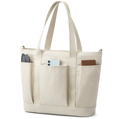 G4Free Large Canvas Tote Bag for Women with Zipper Fit 15.6" Laptop, Everything Tote Bags with Pockets for Work, Travel - color: Beige
