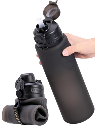 TakeToday Collapsible Water Bottles, Foldable for Travel, 32oz, Black | Compact Foldable Travel Bottle with Straw, TSA-Approved Leakproof Silicone, BPA-Free for Hiking & Outdoors - color: Black