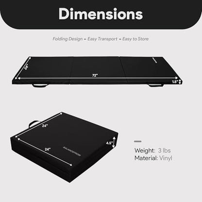 BalanceFrom 6x2 Feet 3-Panel Folding Gymnastics Mat – 1.5-Inch Thick Pad with Vinyl Surface and Carrying Handles for Tumbling, Yoga, Pilates, Home Workouts, and Martial Arts - color: Black