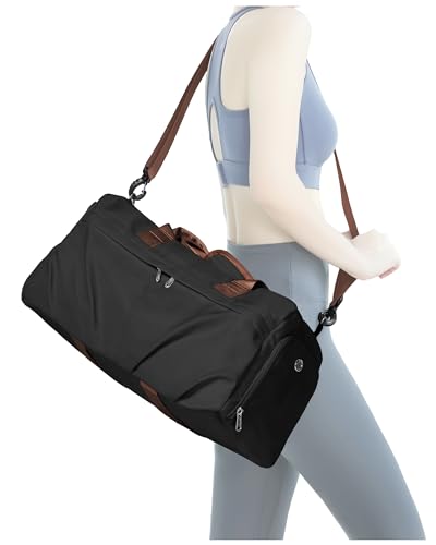 Gym Bag for Women Men with Shoe Compartment, Sport Duffel Bag, Waterproof Travel Weekender Overnight Carry on Bag for Yoga with Trolley Sleeve, Black Brown | Waterproof Weekender Overnight Carry on Duffle Bag with Trolley Sleeve for Traveling, Yoga, Gym,