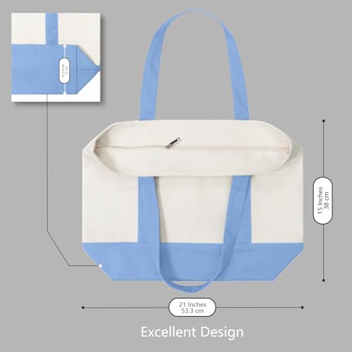 TOPDesign 1-Pack Canvas Tote Bag with an External Pocket, Reusable Grocery Shopping Bag, Top Zipper Closure, Daily Essentials (Light Blue/Natural) - color: Light Blue/Natural