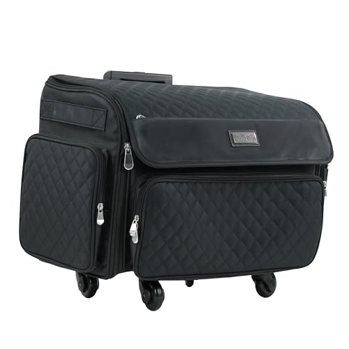 Everything Mary 4 Wheels Collapsible Deluxe Sewing Machine Storage Case - Rolling Trolley Carrying Bag for Brother, Singer - color: Black Quilted