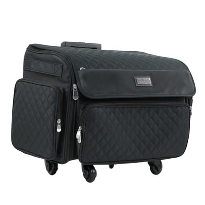 Everything Mary 4 Wheels Collapsible Deluxe Sewing Machine Storage Case - Rolling Trolley Carrying Bag for Brother, Singer - color: Black Quilted
