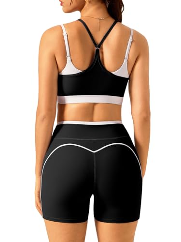 Double Layer Workout Sets for Women Cute Matching Gym Yoga Pilates Outfit | 2 Piece Trendy Active Athleisure Set, Spaghetti Straps Double Layered Sports Bra High Waisted Athletic Short for Yoga Pilates - color: Black, size: Medium