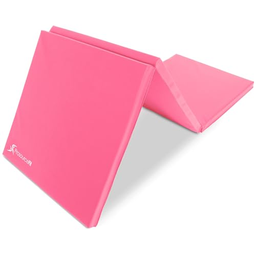 ProSource 3단 접이식 두꺼운 운동 매트 1.8 x 5.1cm(6 x 2피트) 휴대용 손잡이 포함, MMA, 체조, 스트레칭, 코어 운동용 - color: 핑크, style: 1개 팩