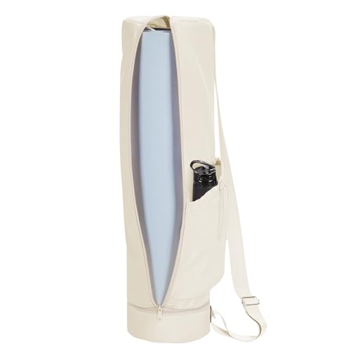 sportsnew Yoga Mat Bag, Full Zip Cargo Yoga Mat Carrier Bag with Drawstring Water Bottle Pocket and Bottom Wet Pocket, Exercise Yoga Mat Carrier Holder Multi-Functional Storage Bag Patent Pending - color: Beige, size: Medium pocket