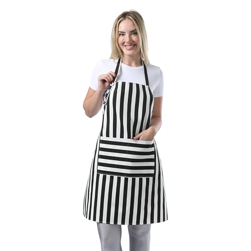 TOSHEX Kitchen Apron Cotton Waterdrop Resistant Adjustable Button Women Men | Premium Cotton Cooking Apron with Pocket. Striped, Gift, Black - color: Black