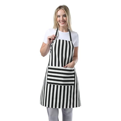TOSHEX Kitchen Apron Cotton Waterdrop Resistant Adjustable Button Women Men | Premium Cotton Cooking Apron with Pocket. Striped, Gift, Black - color: Black