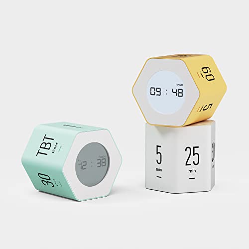 mooas Multi-Hexagon Clock Timer (Ver.2) Bundle (Mint, White, Yellow), Digital Clock Timer, Backlit Display, 12/24H Mode, Count up & Countdown Timer, Rotating Display, Various time presets