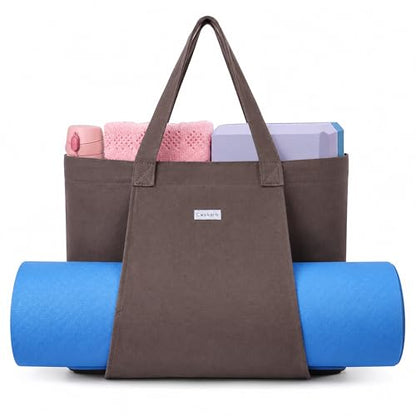 Yoga Mat Bag for Women, Pure Cotton Canvas Yoga Tote with Wet/Dry Pocket, Bottle Holder & Inner Zipper Pocket, Yoga Mat Carrier Bag for Pilates, Gym, Travel, Beach - color: Taupe