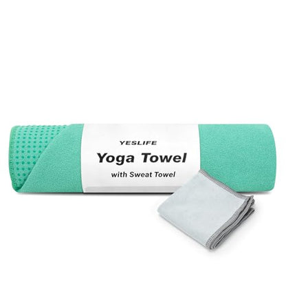 YESLIFE Non-Slip Yoga Towel, 72"x24", Green | Microfiber yoga mat towel, grip dots, sweat absorbent, hot yoga Pilates workout, includes sweat towel, Green - color: Light Green