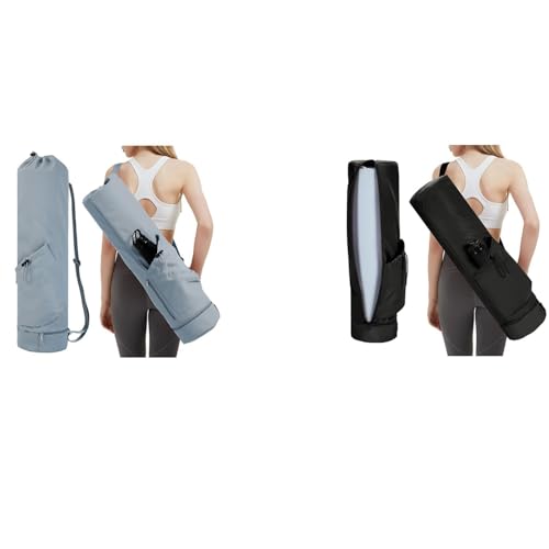 sportsnew Yoga Mat Bag Drawstring Pocket-Full Zip Cargo Yoga Mat Carrier Bag with Water Bottle Pocket and Bottom Wet Pocket Exercise Yoga Mat Carrier Multi-Functional Storage Bag, Blue & Black