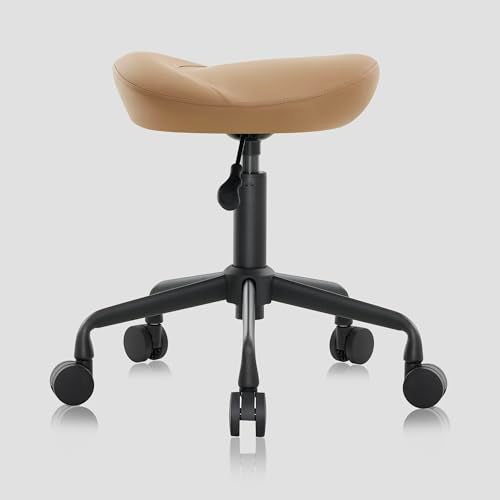 Ergonomic Saddle Stool, Adjustable Hydraulic Rolling Chair with Swivel Seat - color: Tan, size: Standard without Backrest