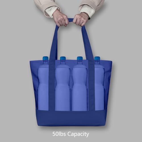 TOPDesign 1-Pack Canvas Tote Bag with an External Pocket, Reusable Grocery Shopping Bag, Top Zipper Closure, Daily Essentials (Blue) - color: Blue