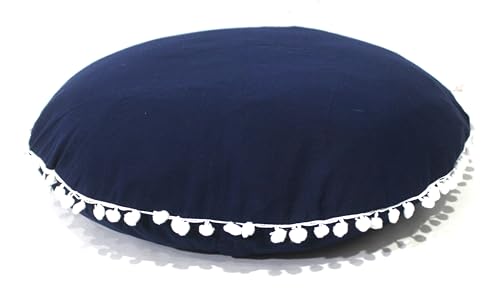 Mandala Barmeri Large Floor Pillow Cover Cushion Meditation Seating Ottoman Throw Cover Hippie Decorative Zipped Bohemian Pouf Ottoman Poufs, Pom Pom Pillow Cases (Blue, 22" Round) - color: Blue, size: 22"D x 4"W x 22"H