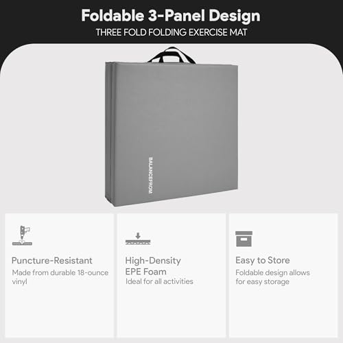 BalanceFrom 6x2 Feet 3-Panel Folding Gymnastics Mat – 2-Inch Thick Pad with Vinyl Surface and Carrying Handles for Tumbling, Yoga, Pilates, Home Workouts, and Martial Arts - color: Gray
