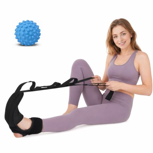 Plantar Fasciitis Night Splint Stretcher, Foot and Calf Streching Strap for Heel Spurs, Foot Drop, Achilles Tendonitis & Hamstring, Yoga Foot & Leg Stretch Strap with Blue Massage Ball