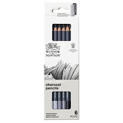 Winsor & Newton Studio Collection, 6 Count, Charcoal Pencils | Mixed Grade Charcoal Pencils, Wooden Barrels, On-The-Go Tin, High Quality Core Binder, Break-Resistant Cores & Points - style: 6 Charcoal Pencils
