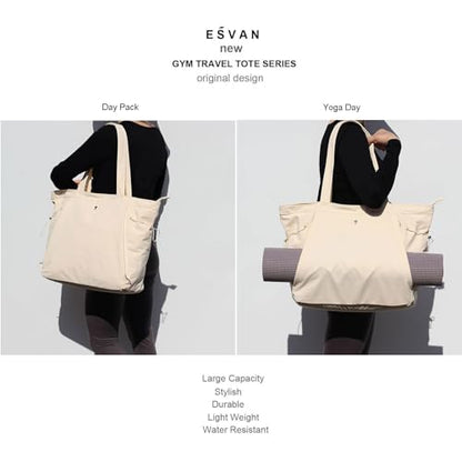 ESVAN Yoga Tote Bag for Women Shoulder Bags Drawstring for Office Workout Travel Carryall Pilates Gym and Beach - color: Beige